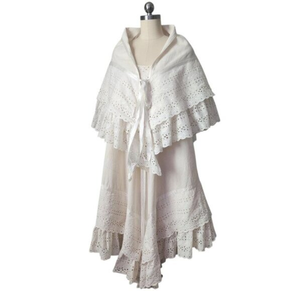 JOSEFA 70's Boho Bridal Eyelet Ruffle Folk Style Prairie dress with shawl/cape - Picture 1 of 16